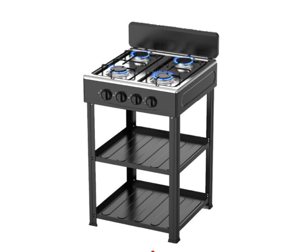 Estufa a gas con pedestal y 2 entrepaños de 4 hornillas